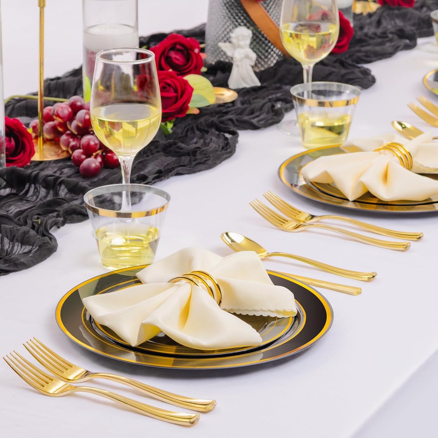 bUCLA 300PCS Black and Gold Disposable Dinnerware Set - 50 Guests Black Plastic Plates with Gold Rim Include 50 Dinner / 50 Dessert Plates, 50 Forks,50 Knives,50 Spoons&50 Cups for Party&New Year