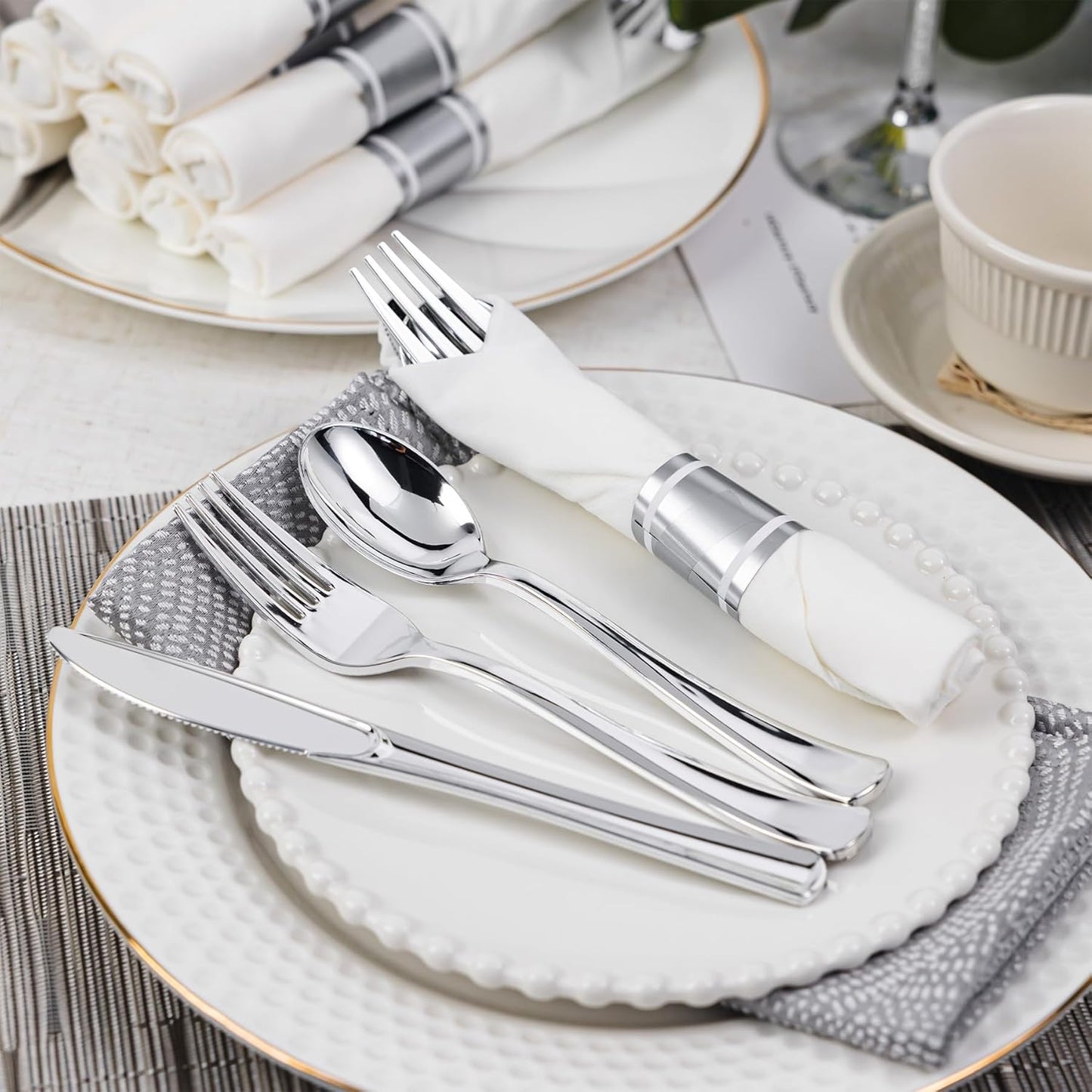 N9R 120 Pack Pre Rolled Silver Plastic Silverware Set, Wrapped Silverware Set Disposable with 120 Forks, 120 Knives, 120 Spoons, 120 Napkins, Disposable Cutlery Set for Party and Wedding