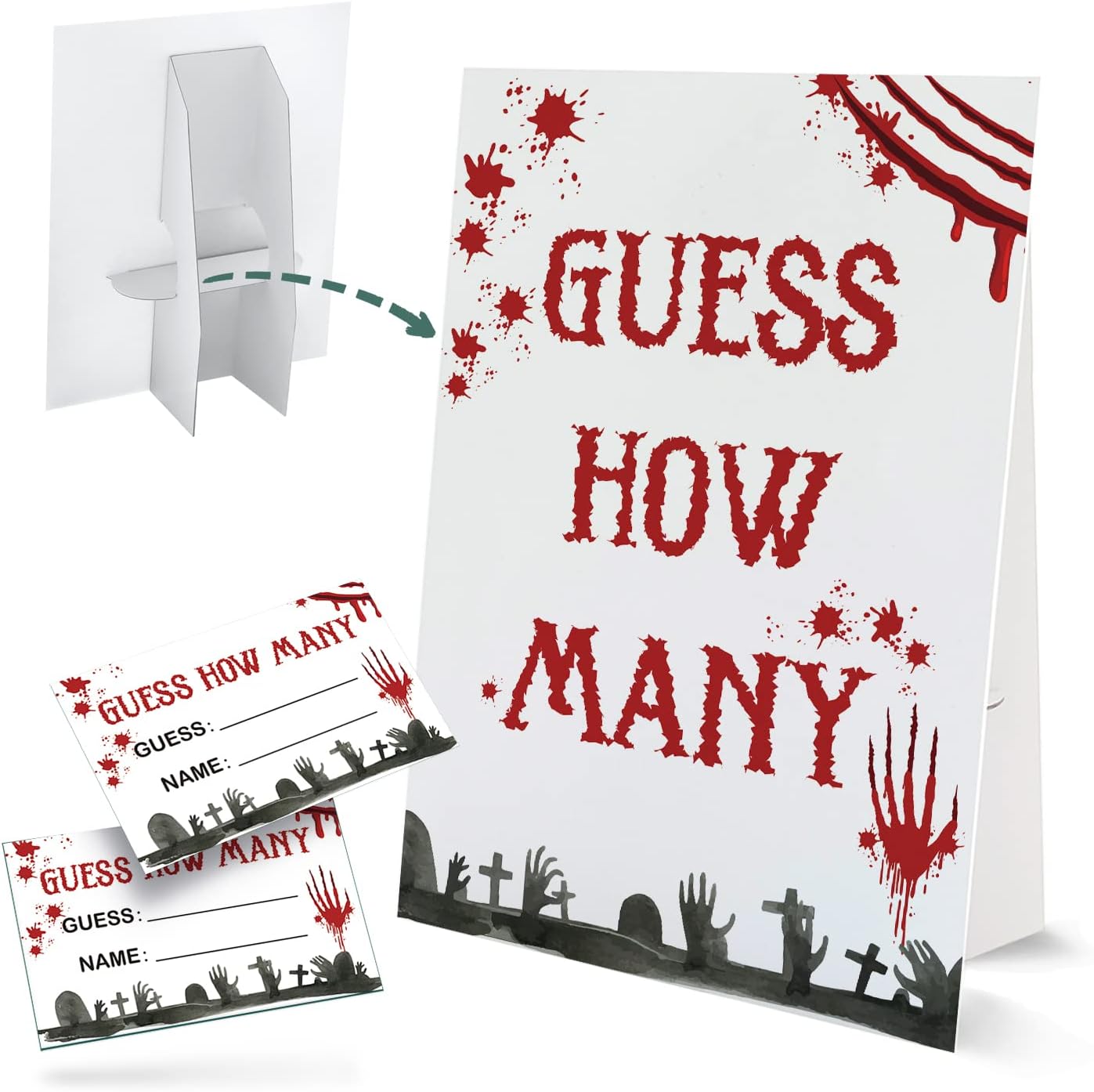 Halloween Guess How Many Games - One Standing Sign and 50 Game Cards, Guess How Many Candies Are In The Jar, Halloween Candy Party Game for Boys Girls, Halloween Baby Shower Decorations, GHM004