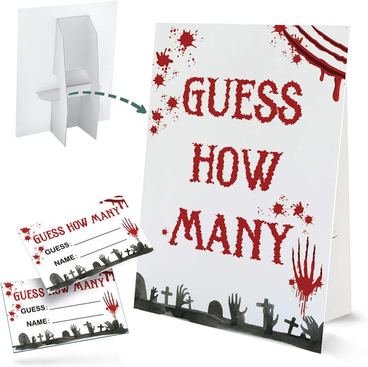 Halloween Guess How Many Games - One Standing Sign and 50 Game Cards, Guess How Many Candies Are In The Jar, Halloween Candy Party Game for Boys Girls, Halloween Baby Shower Decorations, GHM004