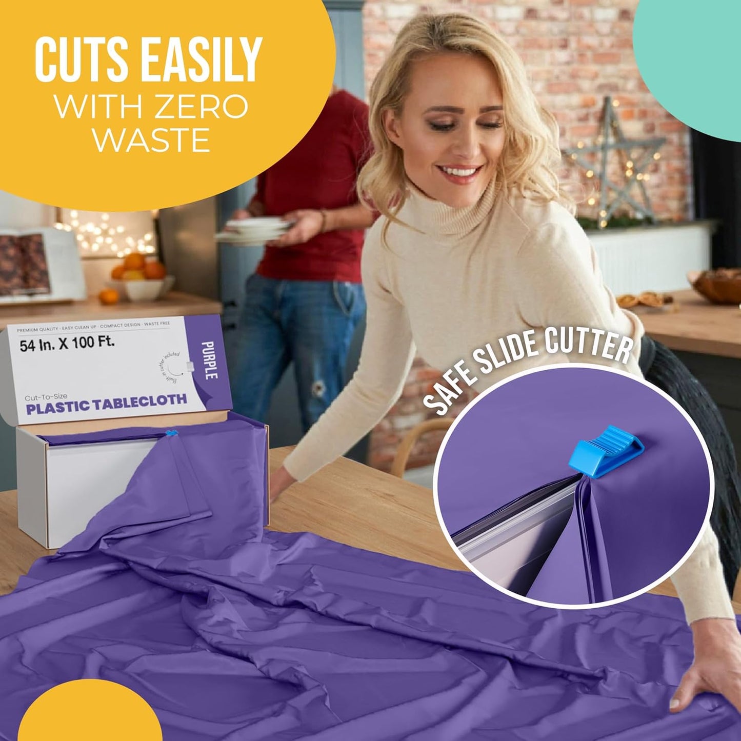 Party Solids 54 Inch X 100 Feet Purple Plastic Table Cover Roll in A Cut - to - Size Box with Convenient Slide Cutter. Cuts Up to 12 Rectangle 8 Feet Plastic Disposable Tablecloths