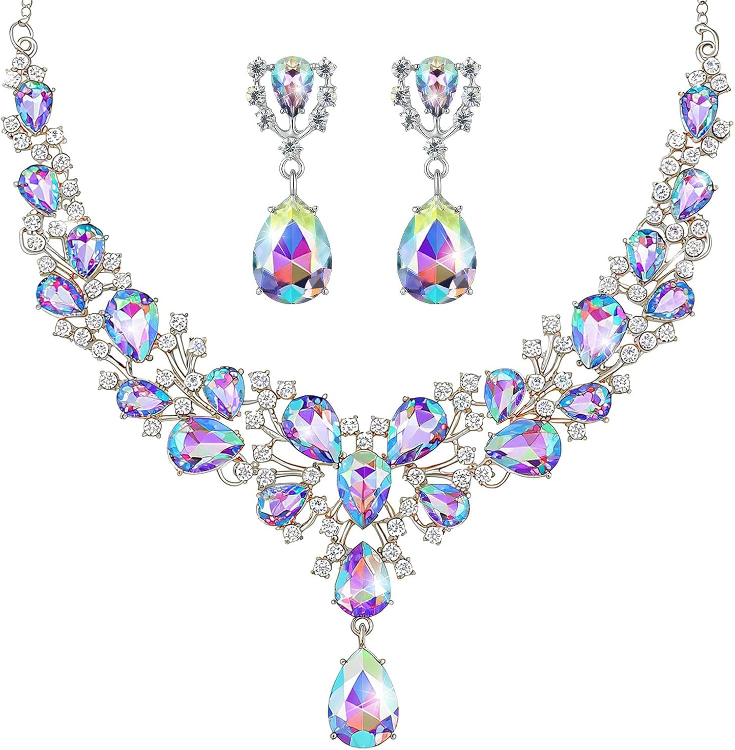 Hicarer Bridal Teardrop Cluster Crystal Jewelry Set for Women Necklace Earrings Wedding