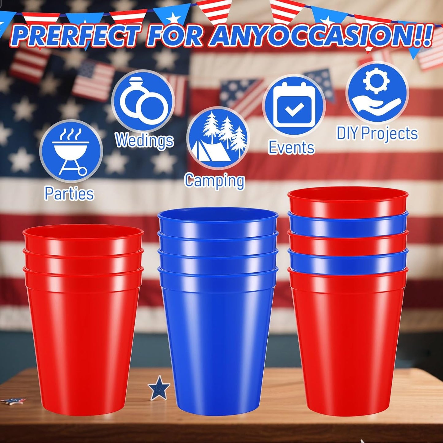 Yungyan 50 Pack 16oz Stadium Cups Reusable Plastic Cups Blank Drink Tumblers for Parties, Events, DIY Projects, 4.5 x 3.54 x 2.72 Inch (Red and Blue)