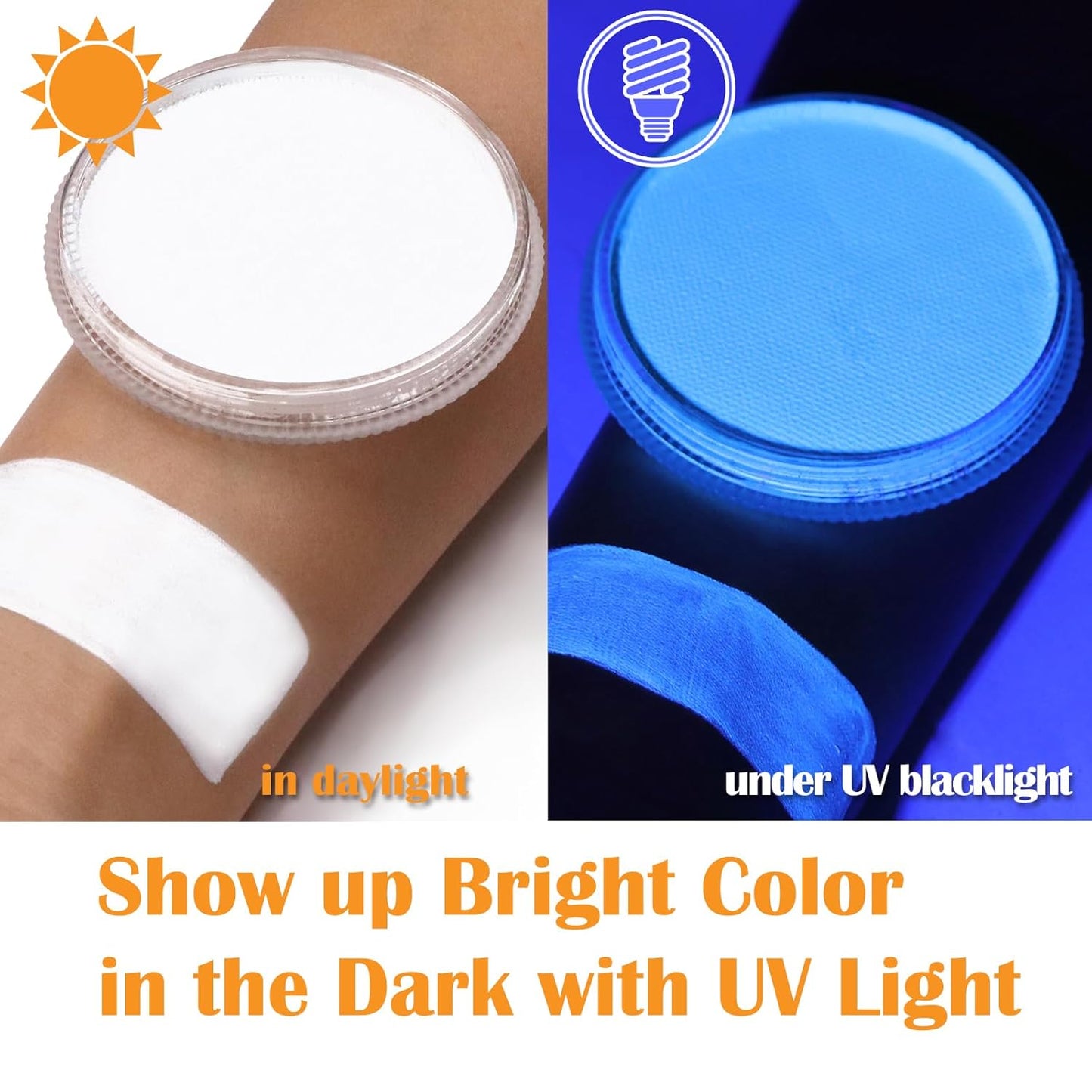 MEICOLY Neon White Face Paint,1.05oz Glow Blacklight Water Based Body Paint,Fluorescent Water Activated Face Paint for Adult and Children,Halloween White Face Paint Split Cake,White/UV Blue