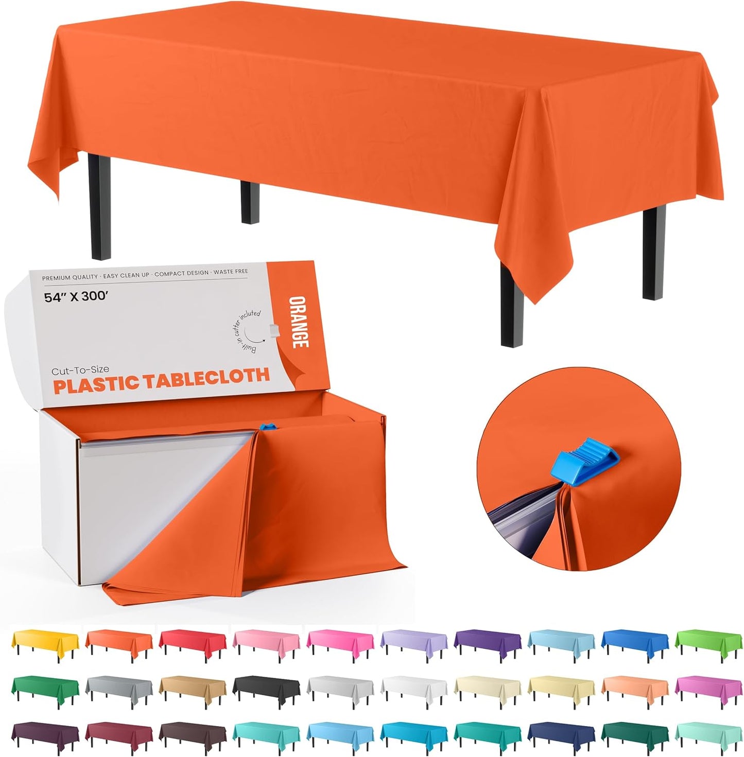 Party Solids 54 Inch X 300 Feet Orange Plastic Table Cover Roll in A Cut - to - Size Box with Convenient Slide Cutter. Cuts Up to 36 Rectangle 8 Feet Plastic Disposable Tablecloths
