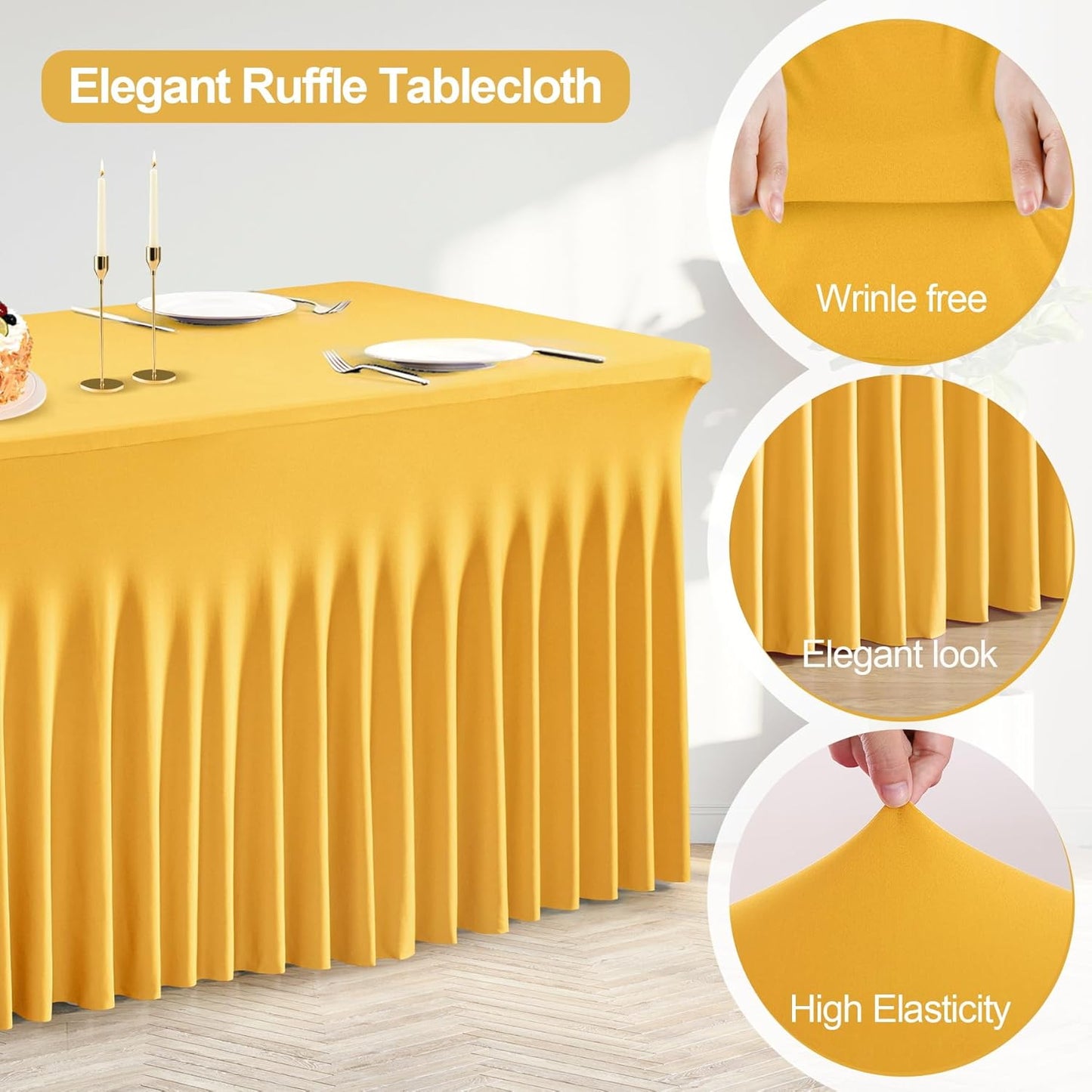 PARTISKY Golden Spandex Tablecloth for 8ft Rectangle Tables, Stretchable Table Cover Skirt for Folding Tables Weddings Parties Banquets Events Trade Shows and Dessert Table