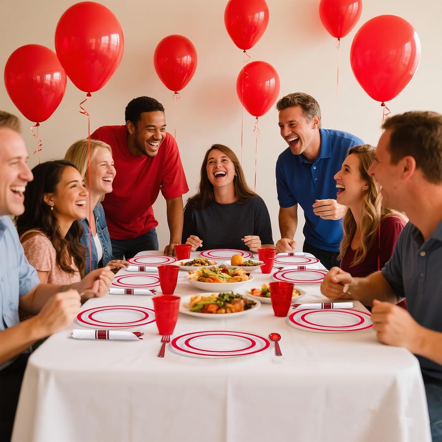 I00000 350 Pcs Red Plastic Plates,Clear Disposable Plate Set, Include 50 Dinner Plates, 50 Dessert Plates,50 Cups,50 Per Rolled Napkins with Plastic Cutlery for Wedding Thanksgiving Christmas Party