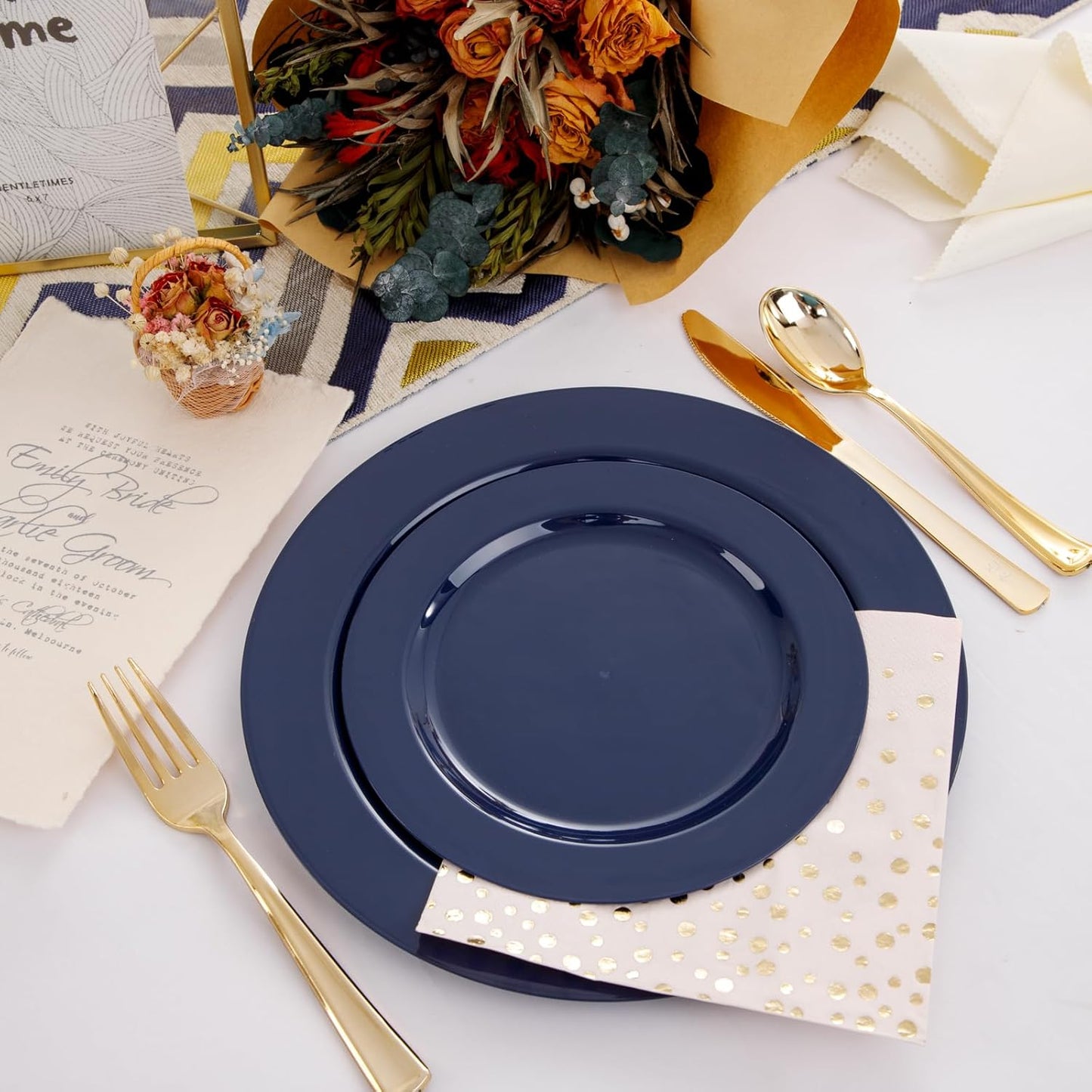 FLOWERCAT 60PCS Blue Plastic Plates - Heavy Duty Blue Plates Disposable (10.25" & 7.5") - serve for 30guest Birthday Party/Wedding/Presidents' Day/Memorial Day/Hanukkah