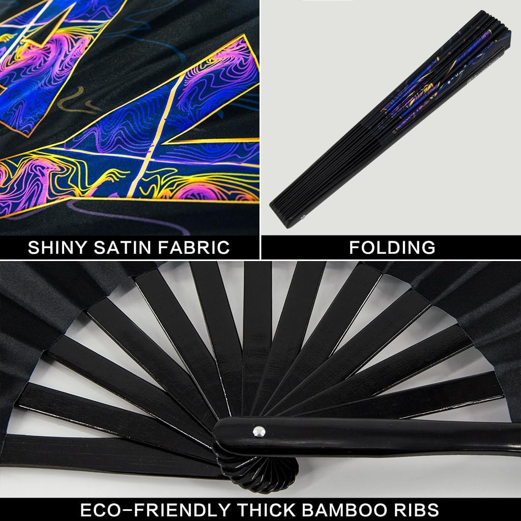 UV Glow Rave Fan, Bamboo Folding Clack Hand Fans Foldable for Men Women, Boots on the Ground Poping Fan for EDM Festival Line Dance Decoration, (Slay, Large 13")