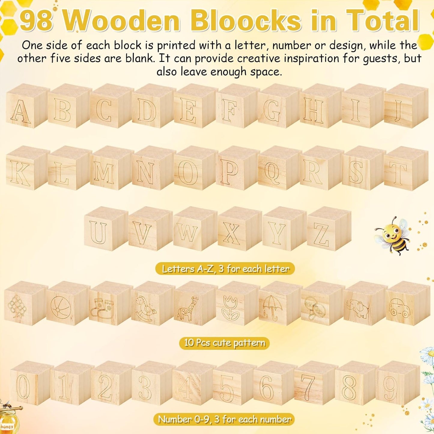 Marsui 136 Pcs Baby Shower Blocks to Decorate Game Kit Includes 98 Wooden Blocks, 36 Markers, 1 Game Sign, 1 Storage Box for Baby Shower Gender Reveal Activity Party Decorations(Bee)