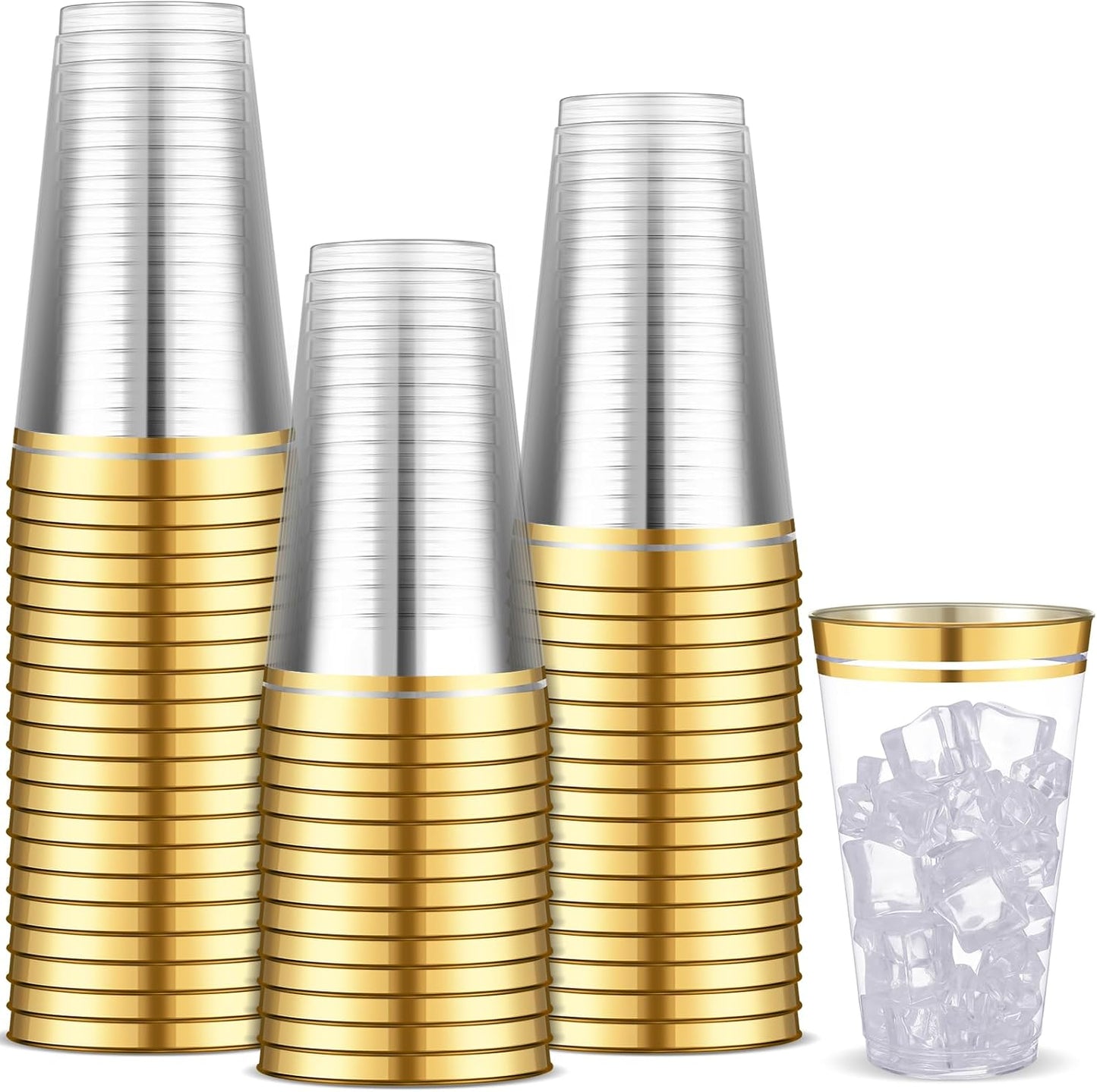 Sliner 50 Pcs Hard Plastic Cups Double Rimmed Plastic Cups Heavy Duty Fancy Disposable Wine Glasses for Holiday Wedding Graduation Birthdays Christmas Valentine Parties(14 Oz,Gold)