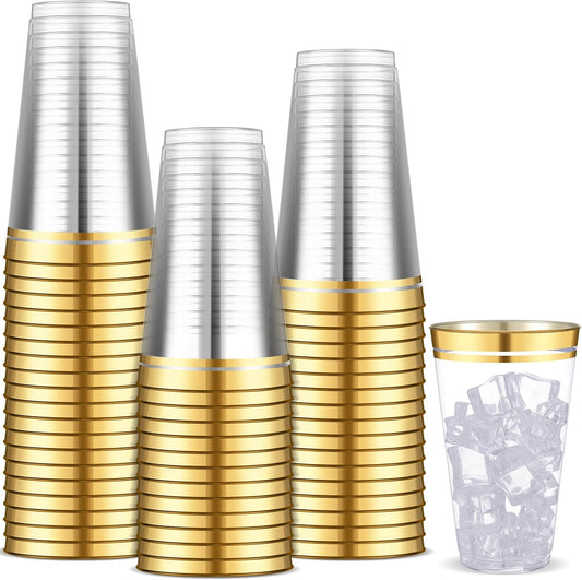 Sliner 50 Pcs Hard Plastic Cups Double Rimmed Plastic Cups Heavy Duty Fancy Disposable Wine Glasses for Holiday Wedding Graduation Birthdays Christmas Valentine Parties(14 Oz,Gold)