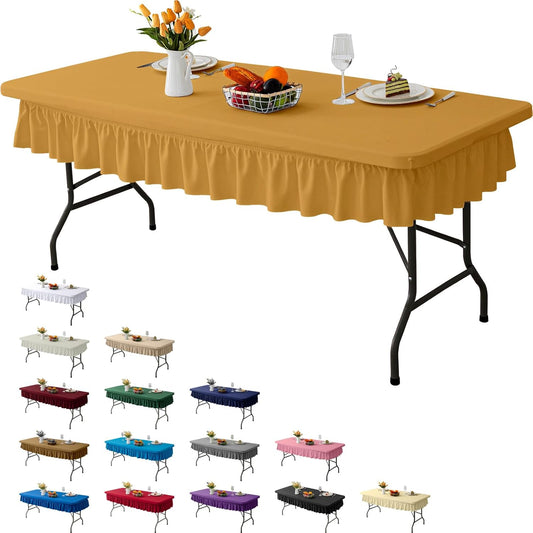 8ft Golden Yellow Stretch Tablecloth for Rectangular Tables - Flared Wrap Design, Waterproof, Wrinkle-Resistant, Washable - Ideal for Weddings, Parties, Banquets & Table Protection