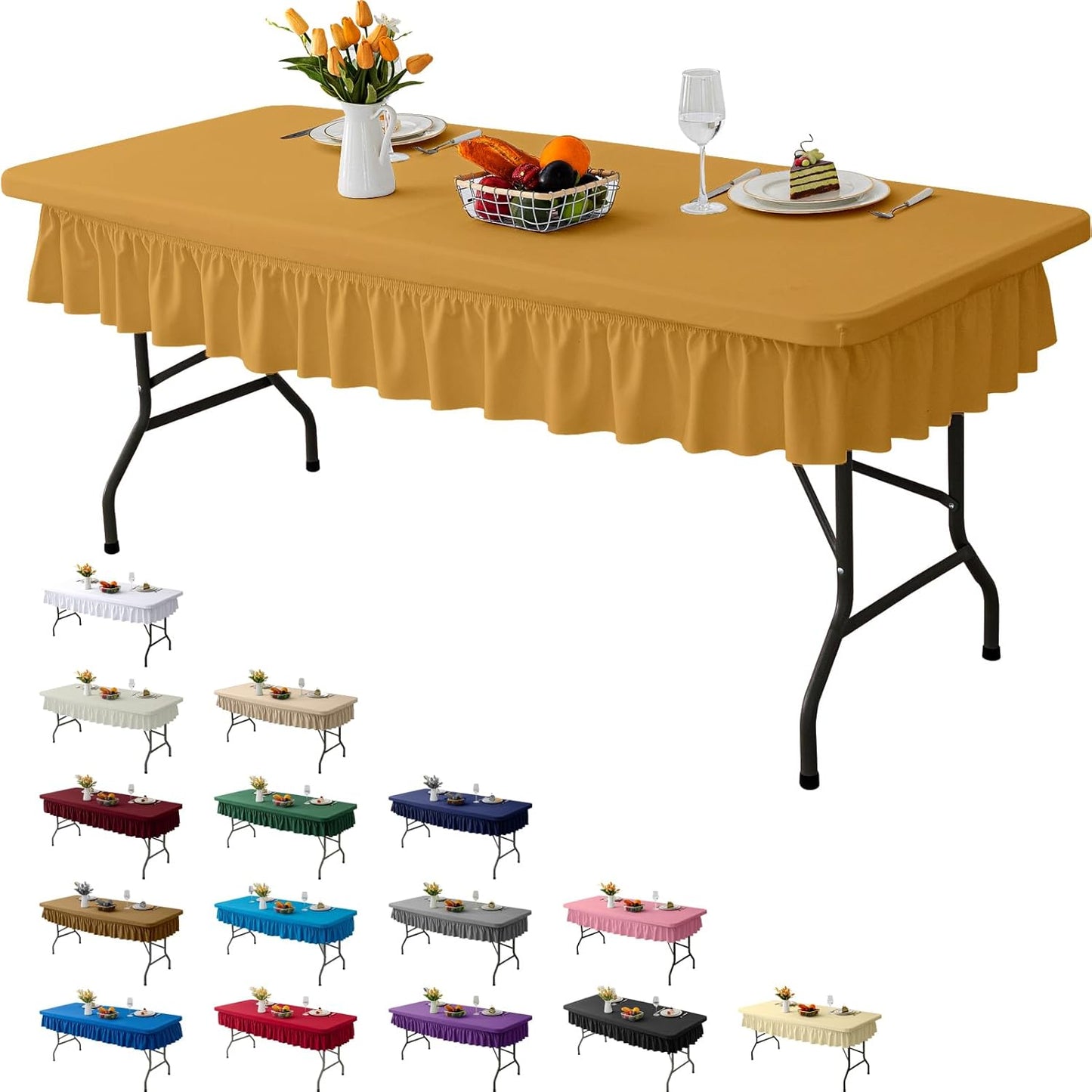 4ft Golden Yellow Stretch Tablecloth for Rectangular Tables - Flared Wrap Design, Waterproof, Wrinkle-Resistant, Washable - Ideal for Weddings, Parties, Banquets & Table Protection