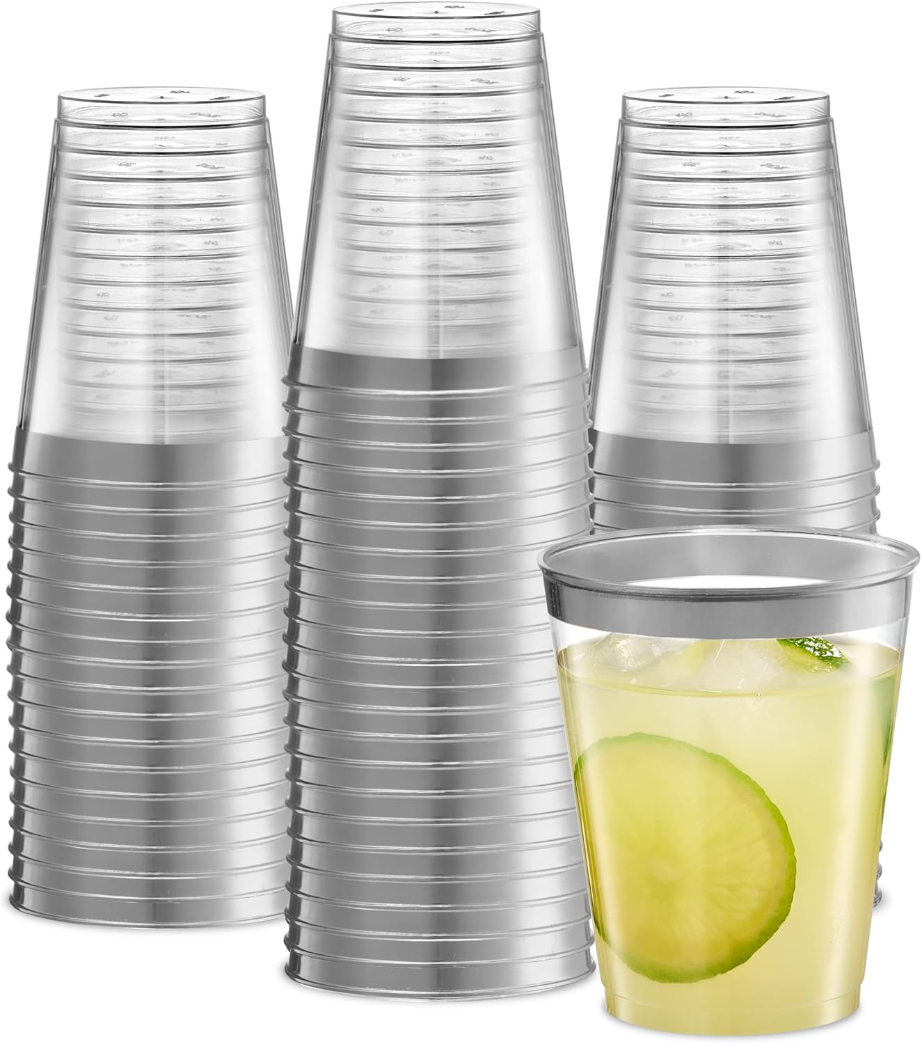 PLASTICPRO Disposable 8 oz Crystal Clear Plastic Tumblers With Silver Rim for Party's & Weddings pack of 100