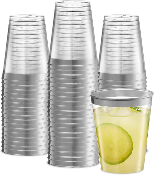 PLASTICPRO Disposable 8 oz Crystal Clear Plastic Tumblers With Silver Rim for Party's & Weddings pack of 50