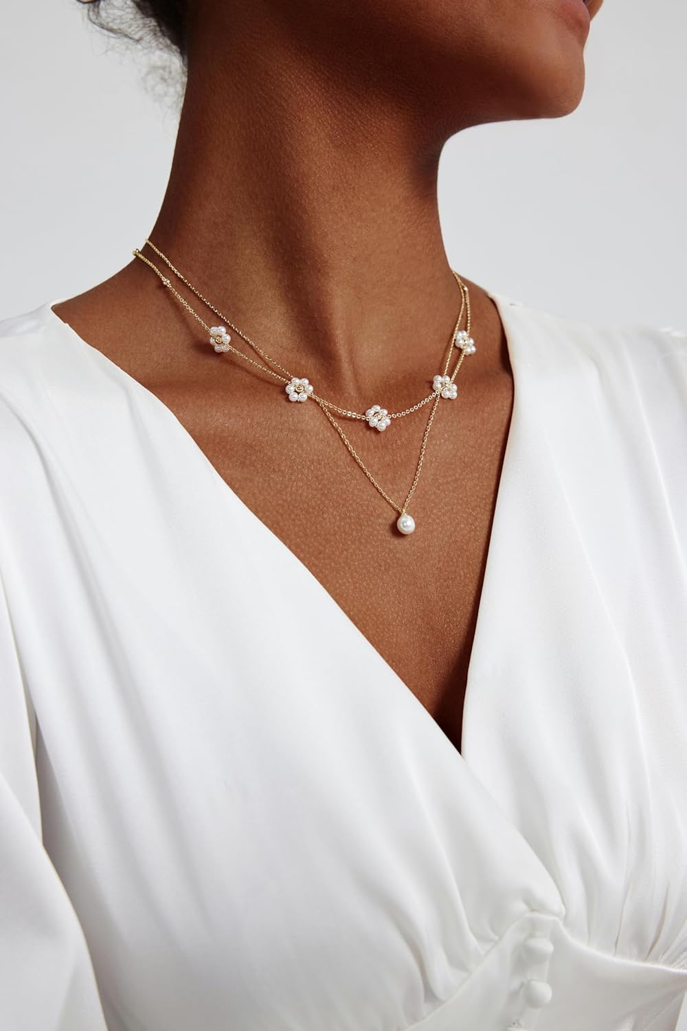 Gold Jewelry Set for Women - Dainty 14K Gold Plated Pearl Necklace and Earring Set with Drop Earrings, Bracelets, Choker Necklace - Wedding Jewelry Gift