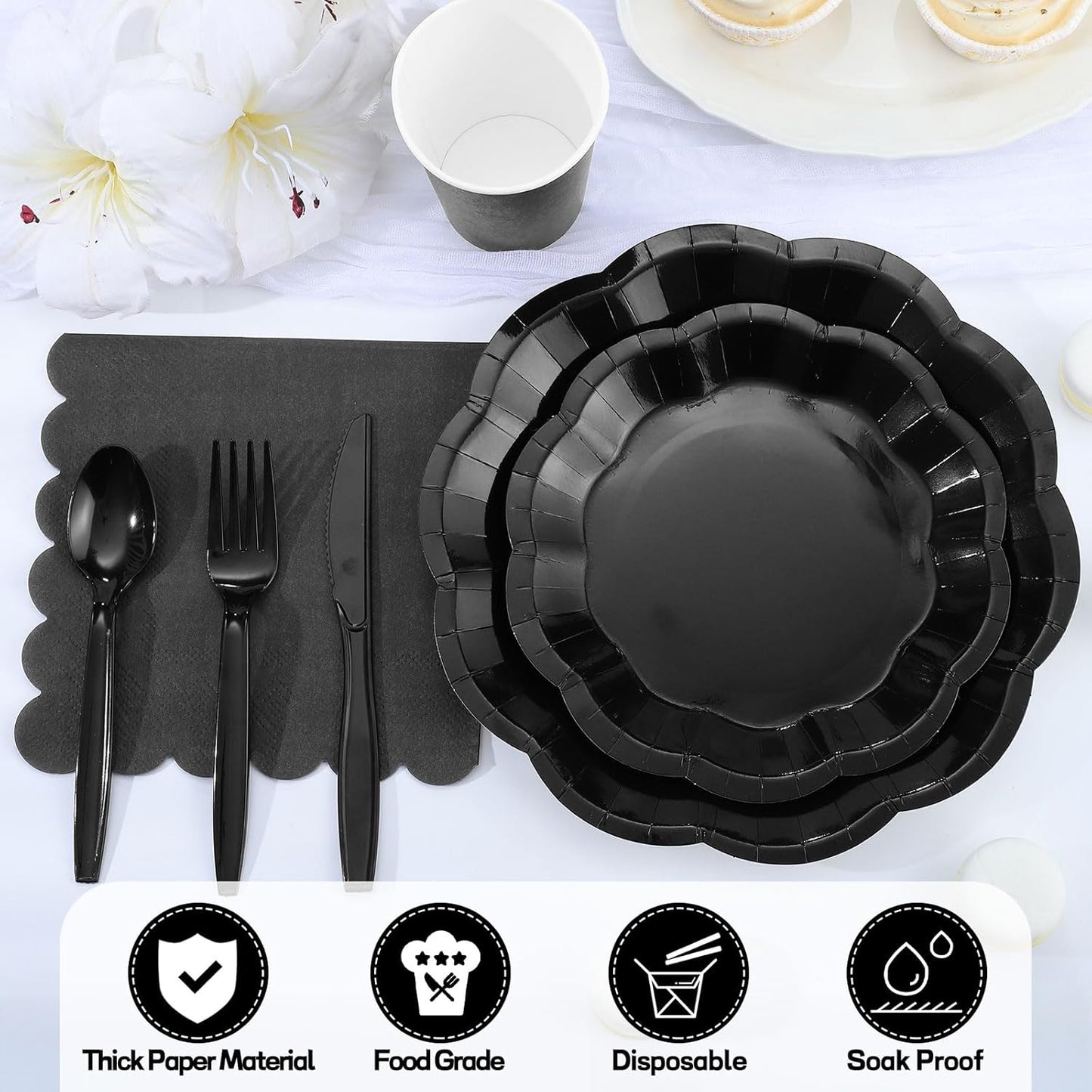 175 Pcs Black Plates and Napkins Set, 25 Guest Black Party Supplies Include Scalloped Plate Paper Napkin Cup Forks Knives Disposable Plastic Cutlery for Wedding New Year Birthday Holiday Party