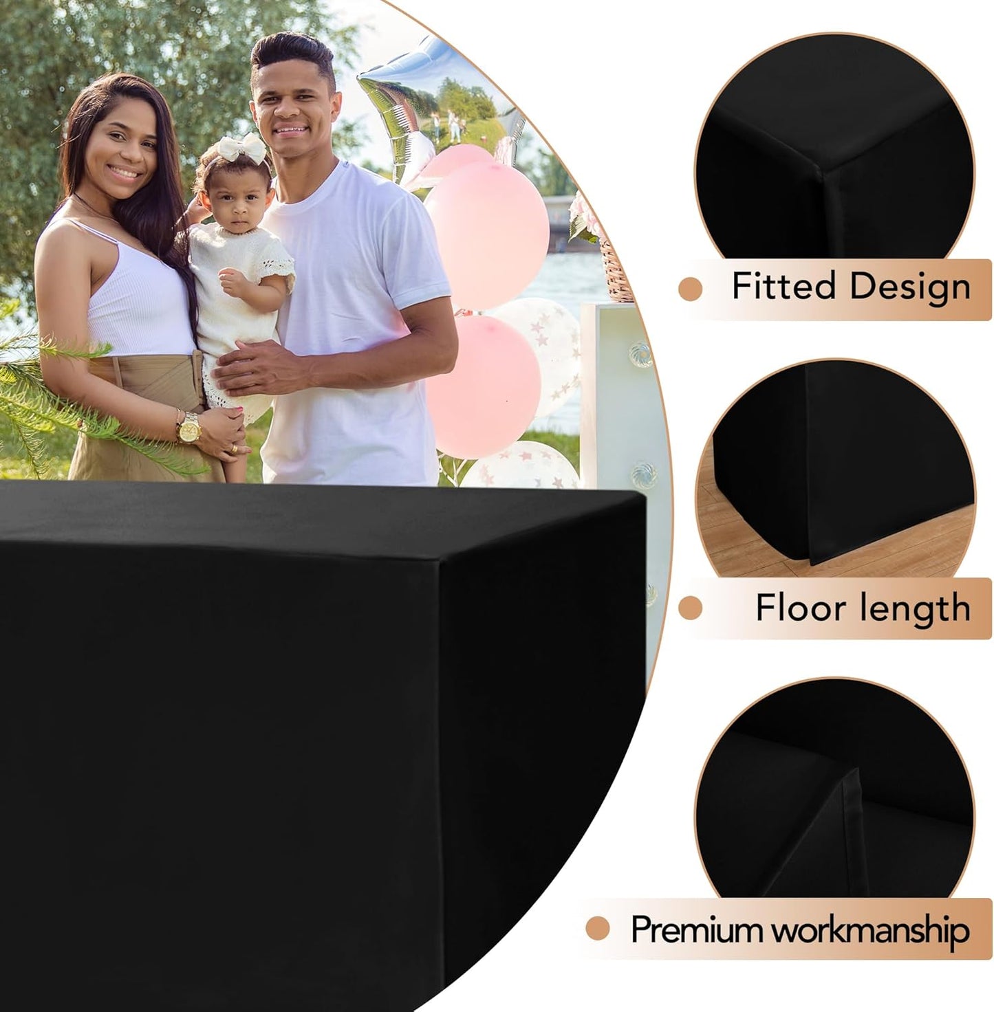 HolidayIdeas 2 Pack Square Fitted Table Covers - 34 x 34 Inch - Fabric Table Clothes Versatile Tablevloths for Parties, Holiday Dinner, Trade Show, Vendor Stand (Black)