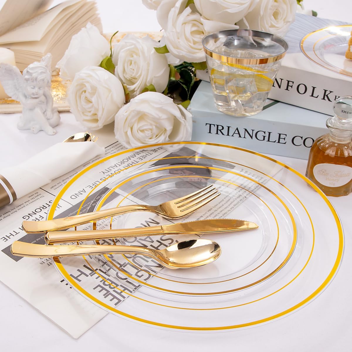 DaYammi 350PCS Clear Gold Plastic Dinnerware Set for 50 Guests, Thanksgiving Plates Disposable, Include: 50 Dinner Plates, 50 Dessert Plates, 50 Pre Rolled Napkins with Gold Silverware, 50 Cups
