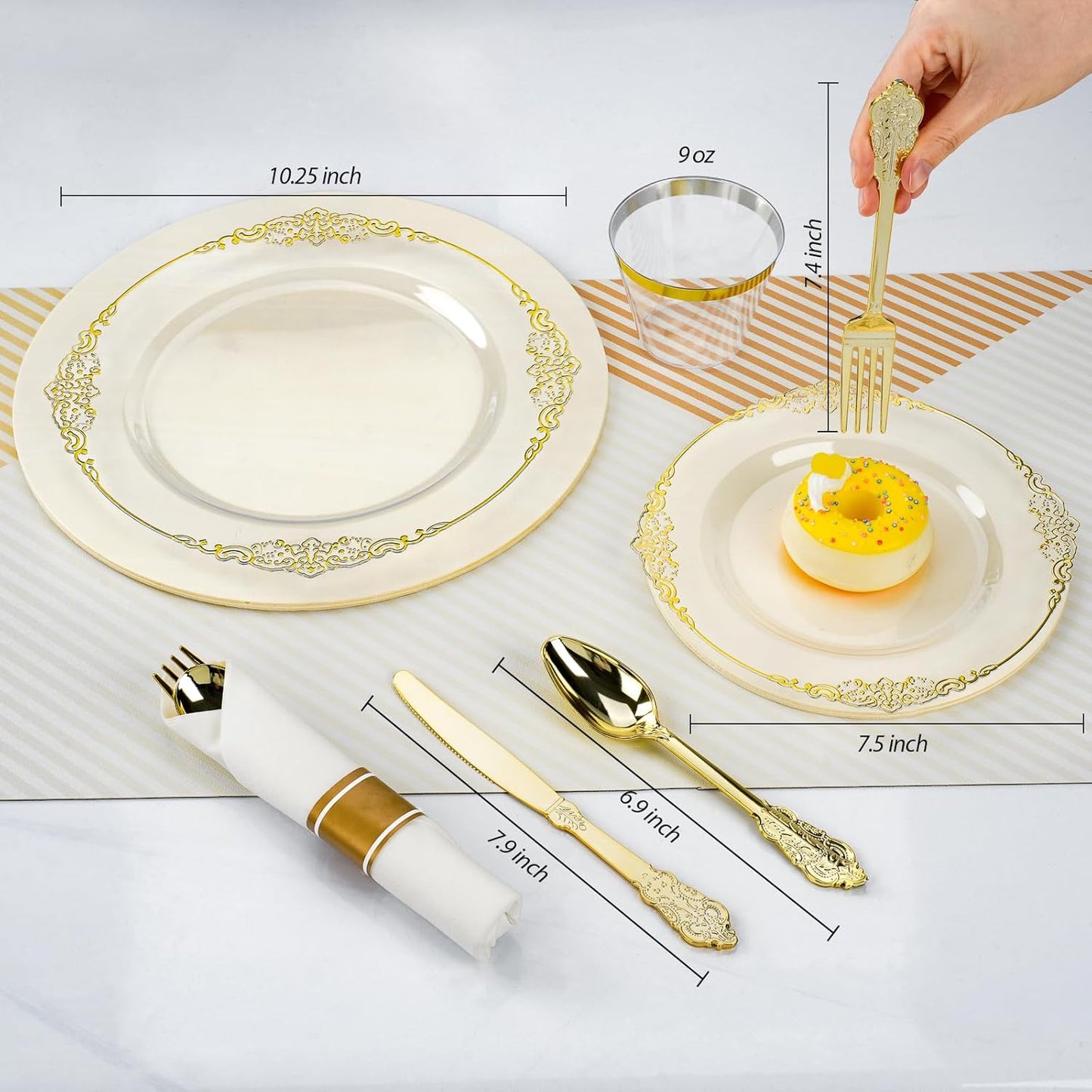 350PCS Clear Plastic Plates for 50 Guests, Disposable Dinnerware Sets Include 100 Gold Rim Plastic Plates, 50 Silverwares, 50 Cups, and 50 Pre Rolled Napkins for Party, Graduation