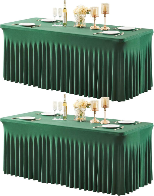 2 Packs Green Table Clothes for 6 Foot Rectangle Tables, One-Piece Wrinkle Resistant Stretch Spandex Table Covers Christmas Table Skirt for Event Banquet Wedding Birthday Party