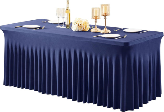 1 Pack Navy Blue Table Clothes for 4 Foot Rectangle Tables, One-Piece Wrinkle Resistant Stretch Spandex Table Covers with Table Skirt for Event Banquet Wedding Birthday Party