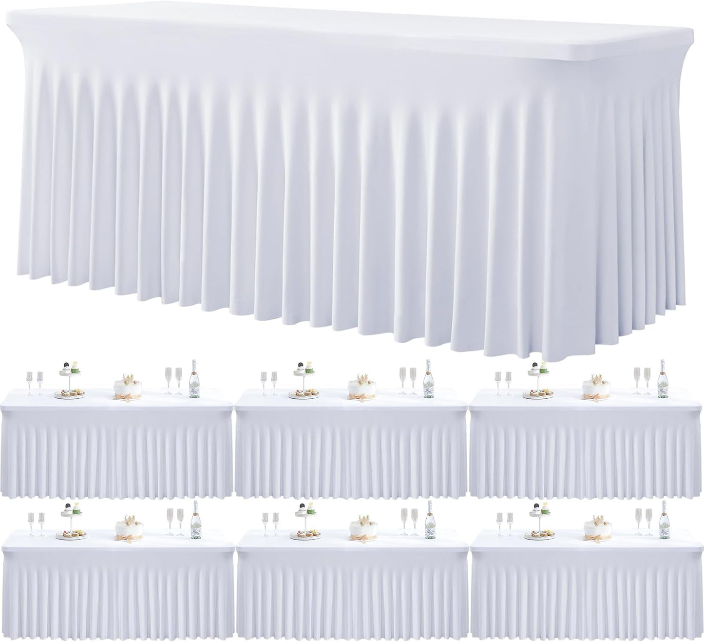 6 Pack Spandex White Table Clothes for 6 Foot Rectangle Tables, Wrinkle Free Stretch Table Cloths 6ft Fitted Tablecover Desk Skirt for Birthday Parties Wedding Banquet Baby Shower