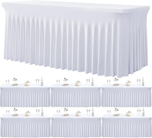 6 Pack Spandex White Table Clothes for 6 Foot Rectangle Tables, Wrinkle Free Stretch Table Cloths 6ft Fitted Tablecover Desk Skirt for Birthday Parties Wedding Banquet Baby Shower