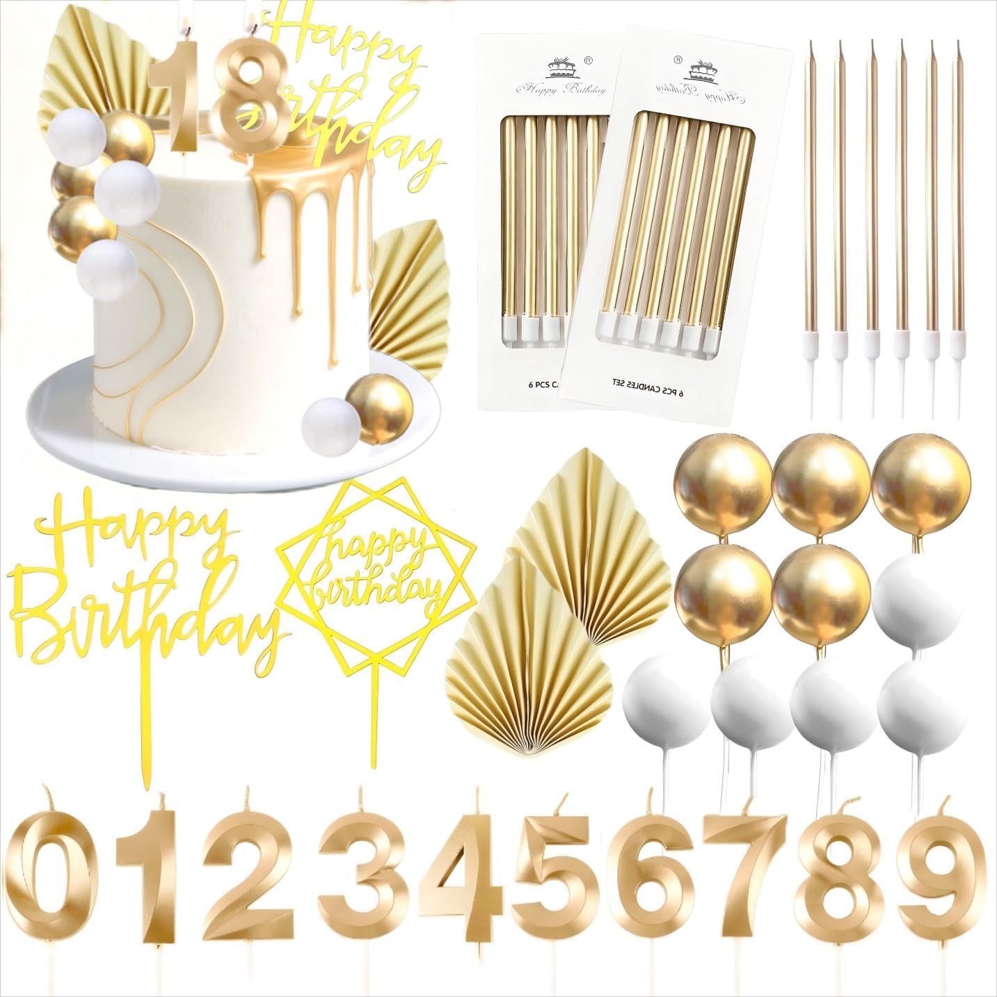 36 Pcs Birthday Candle Set, Tyotrbs Birthday Candles For Cake Champagne Gold Birthday Decorations White Gold Balls Cake Toppers Birthday Candles DIY Cake Decor for Men Women Wedding Anniversary