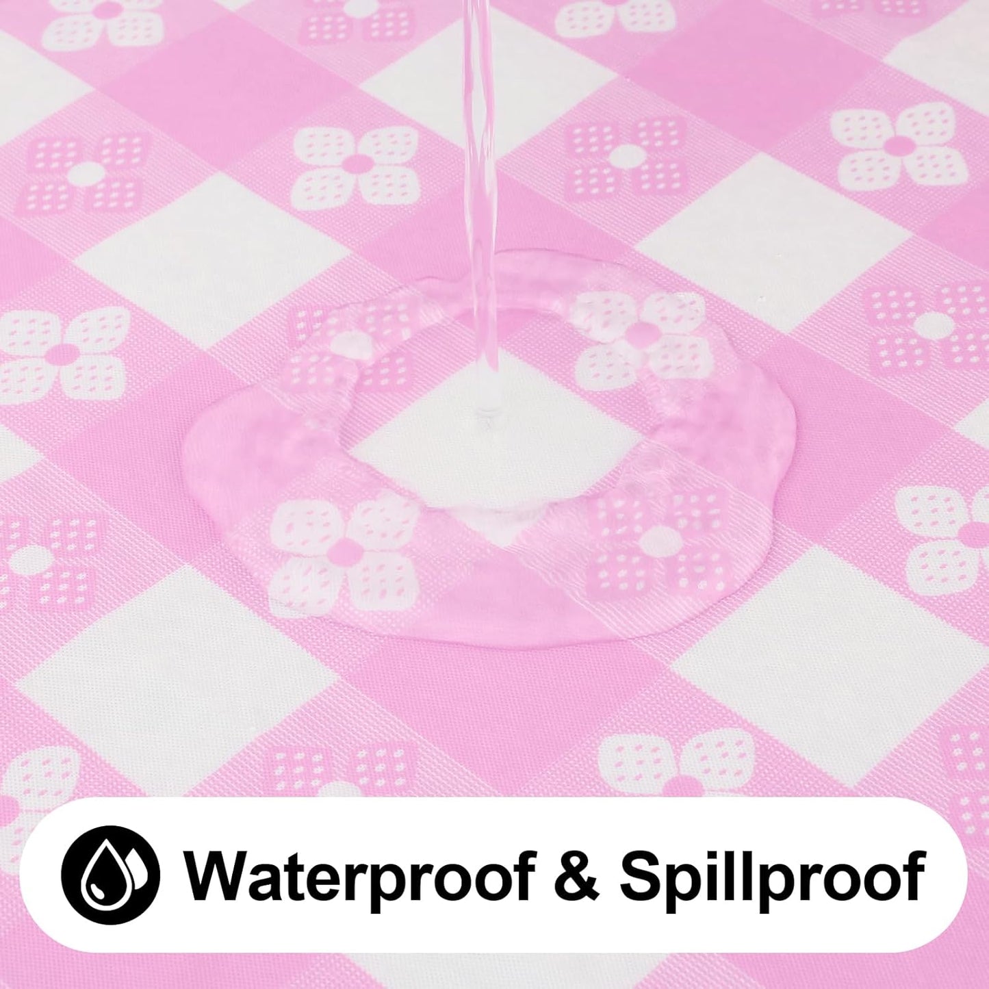 Rectangle Vinyl Table Cloth, Waterproof Elastic Fitted Tablecloth with Flannel Backing, Plastic Table Cover for Picnic, Camping, Outdoor (White & Pink, 30"x60")