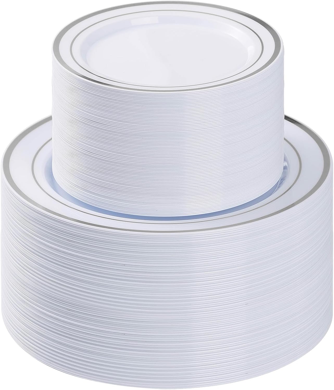 BESTVIP 200PCS Silver Plastic Plate, Disposable Party Plates with 100 Dinner Plates and 100 Dessert Plates, Plastic Plates for Party, Wedding and Birthday