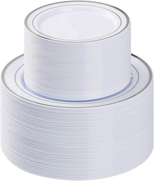 BESTVIP 200PCS Silver Plastic Plate, Disposable Party Plates with 100 Dinner Plates and 100 Dessert Plates, Plastic Plates for Party, Wedding and Birthday