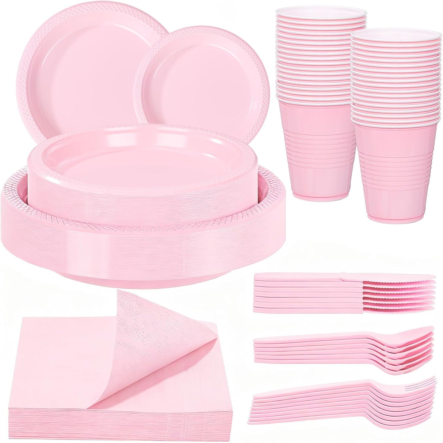 WELLIFE 210Pcs Pink Plastic Plates,Disposable Dinnerware Set,Party Supplies Including Pink plates, 12oz Cups, plastic Cutlery and Napkins Serve 30 Guests