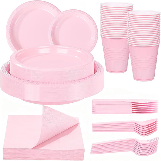 WELLIFE 210Pcs Pink Plastic Plates,Disposable Dinnerware Set,Party Supplies Including Pink plates, 12oz Cups, plastic Cutlery and Napkins Serve 30 Guests