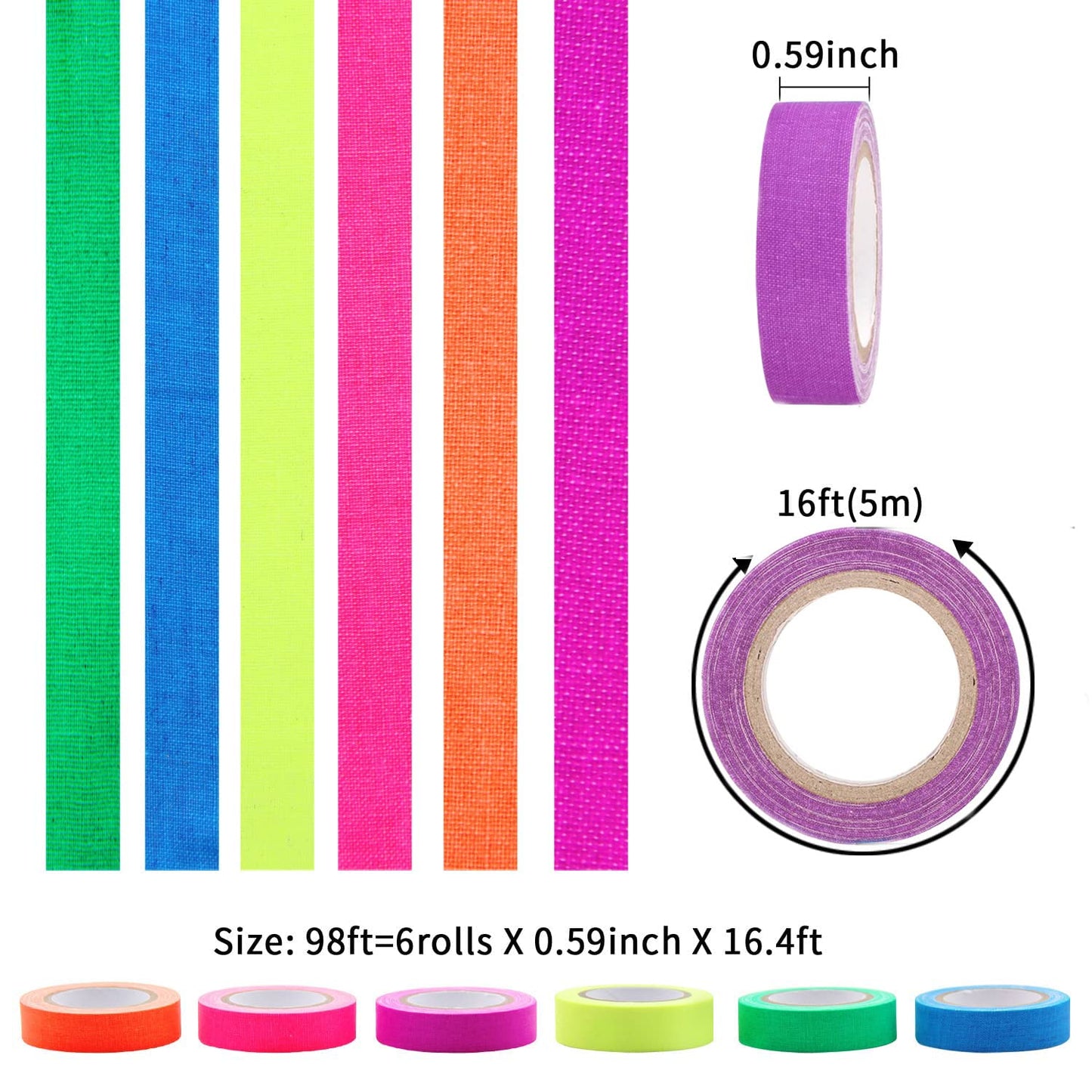 6 Colors Neon Gaffer Cloth Tape,Adhesive Black Light Tape Sets,Fluorescent UV Blacklight Glow in The Dark Tape for UV Party (0.6 inch x 16.5 feet x 6 Rolls)
