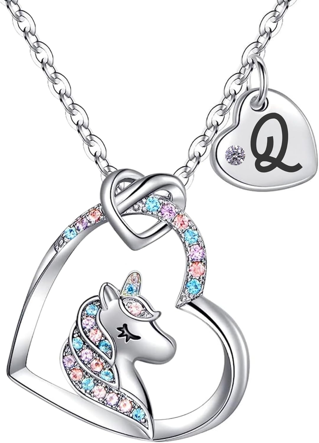 Unicorn Necklace for Girls Kids with Personalized Initial Heart Pendant, 18K Gold Fashion Jewelry for Girls, Colorful Heart Necklace for Birthday Gifts.