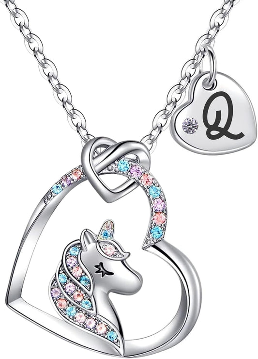 Unicorn Necklace for Girls Kids with Personalized Initial Heart Pendant, 18K Gold Fashion Jewelry for Girls, Colorful Heart Necklace for Birthday Gifts.