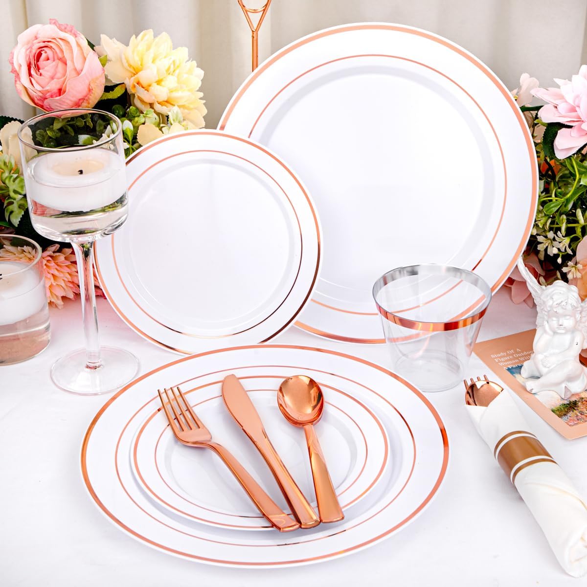 DaYammi 210PCS Rose Gold Plastic Dinnerware Set for 30 Guests, Valentine's Day Plates for Party, Include: 30 Dinner Plates, 30 Dessert Platos, 30 Pre Rolled Napkins with Rose Gold Silverware, 30 Cups