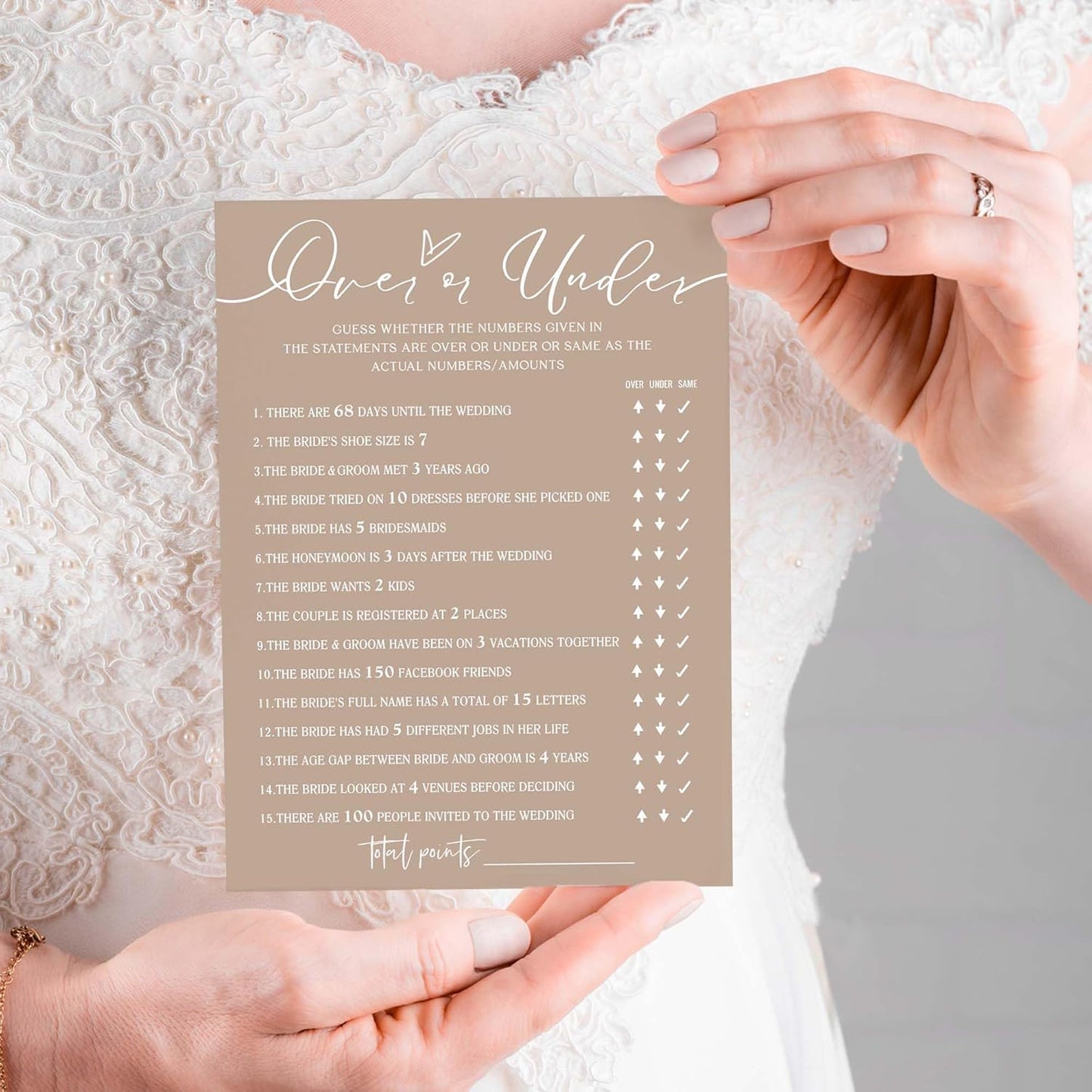 Bridal Shower Games Cards, Guess Over or Under, 25 Guests, Engagement Party Wedding Games, Minimalist Brown Wedding Party Supplies - D13