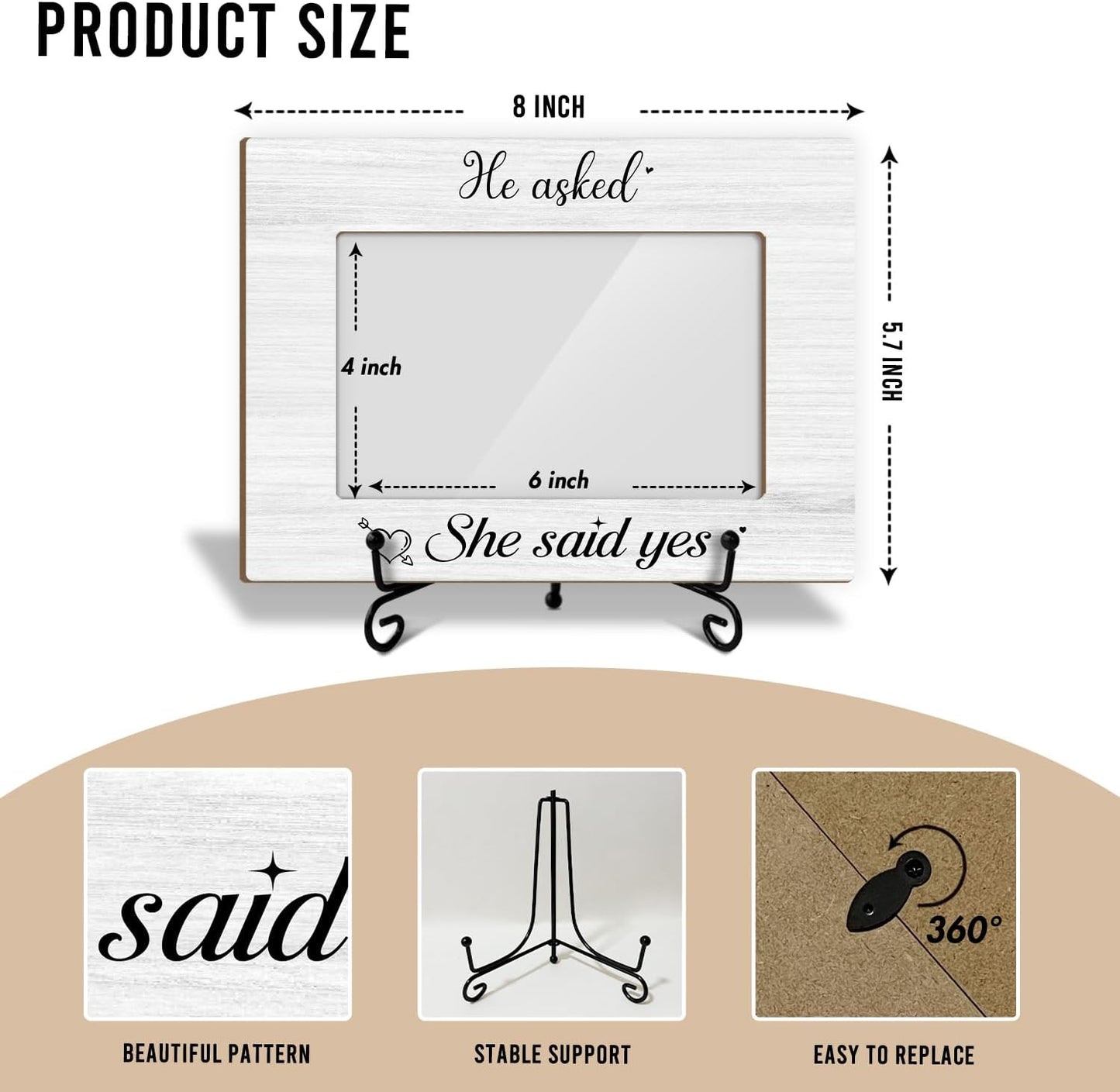 Engagement Picture Frame, He Asked She Said Yes, Wedding Engagement Gifts For Couple Newlyweds Bride Groom, 4x6 Wooden Picture Frame Tabletop Display Home Decor -07