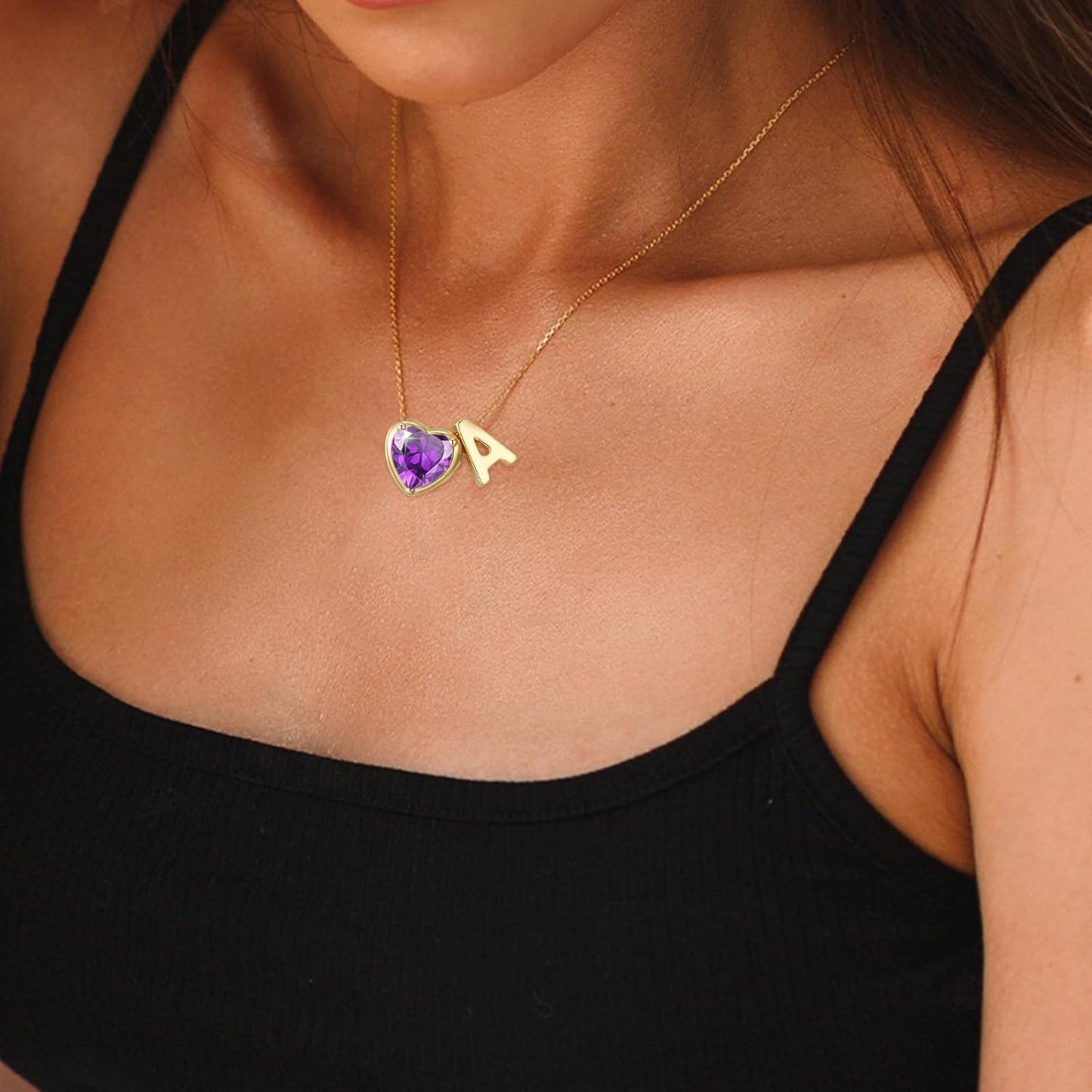 Heart Birthstone Initial Necklace for Women Girls,14K Gold Plated Heart Letter A-Z Necklace Dainty Birthday Trendy Jewelry Gifts for Women Girls Daughter