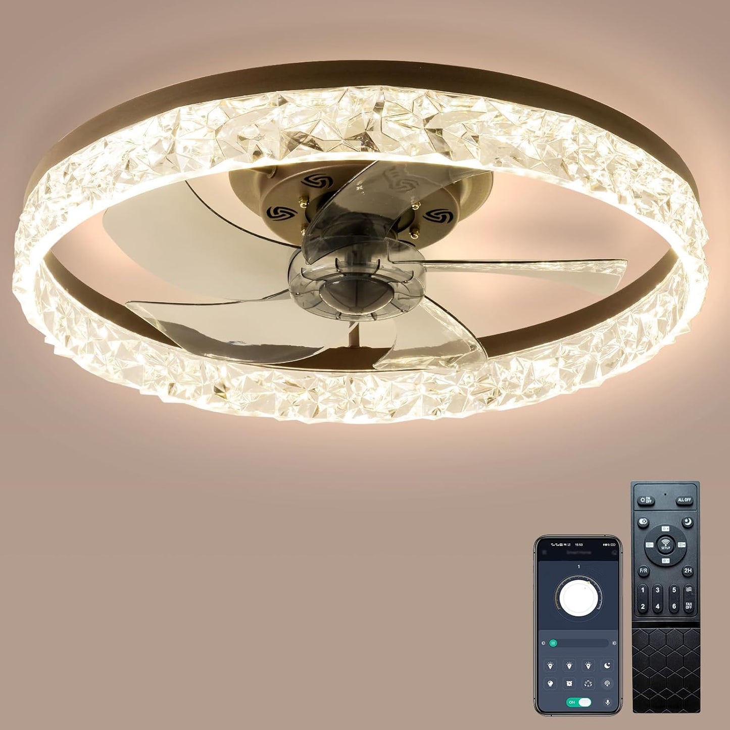 20" Low Profile Ceiling Fans with Lights and Remote Fandelier Ceiling Fan Flush Mount 3000K-6500K Smart Bladeless LED Fan Light Brown Modern Ceiling Fans with Lights for Bedroom