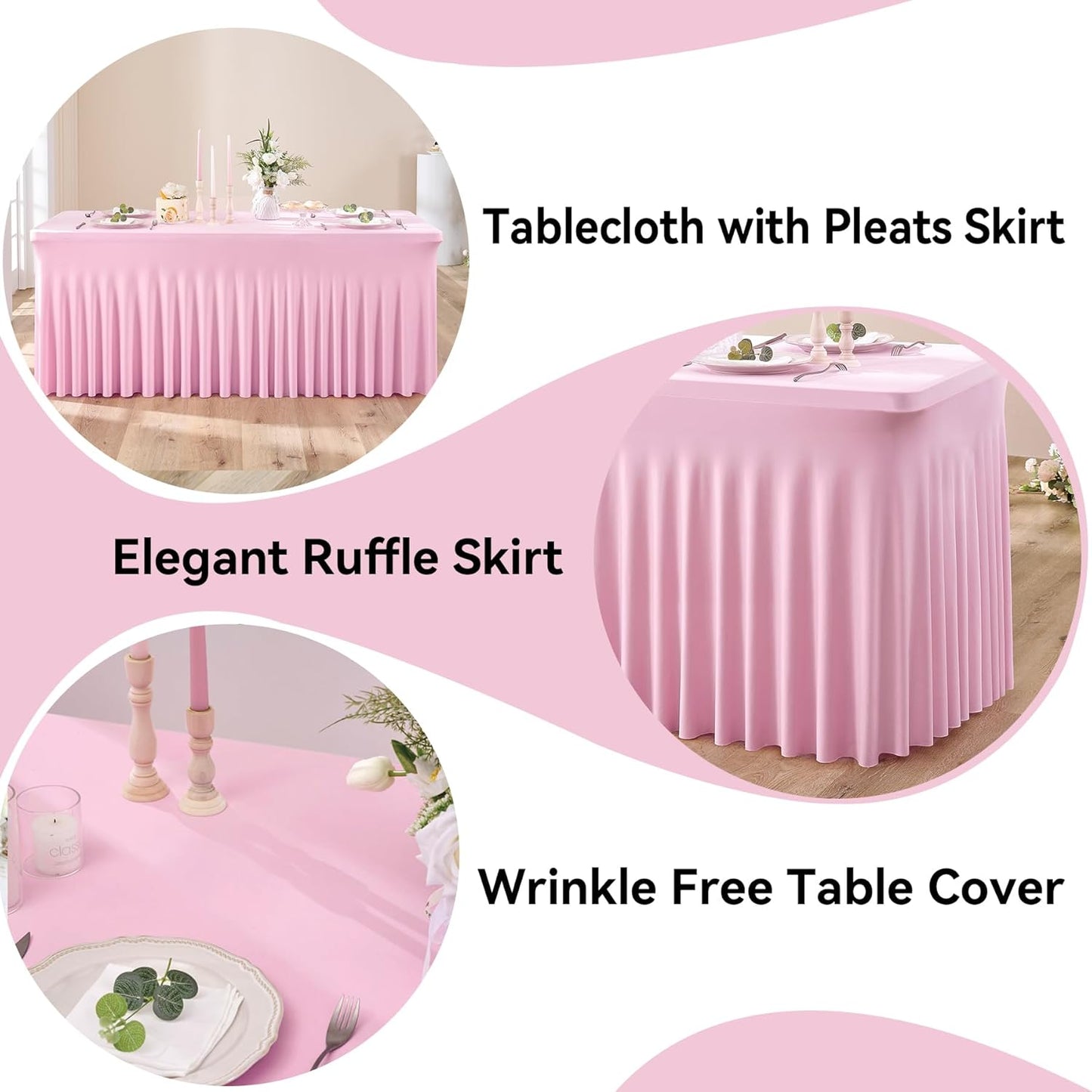NSSONBEN 6 pk Baby Pink Spandex Tablecloth 6ft with Ruffle Table Skirt, Wrinkle Free Stretchy Fitted Tablecloths for 6 Foot Rectangle Tables, Elastic Spandex Table Covers for Weddings Parties Banquet