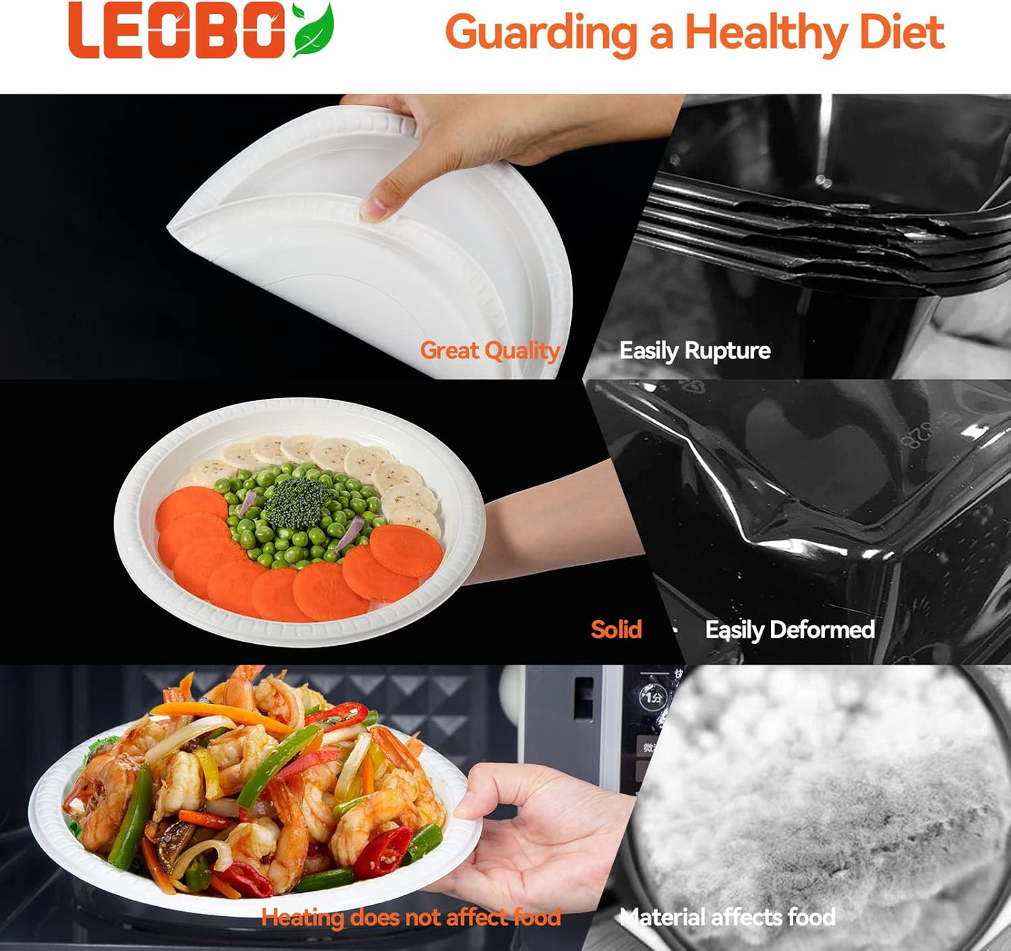 Plastic Plates Mineral Filled PP 9 Inch - 150 Pack Shrink Wrap BPA Free Dinner Trays | Dishwasher Freezer & Microwave Safe | Reusable & Disposable Plate for Party Bulk Events | Restaurant White