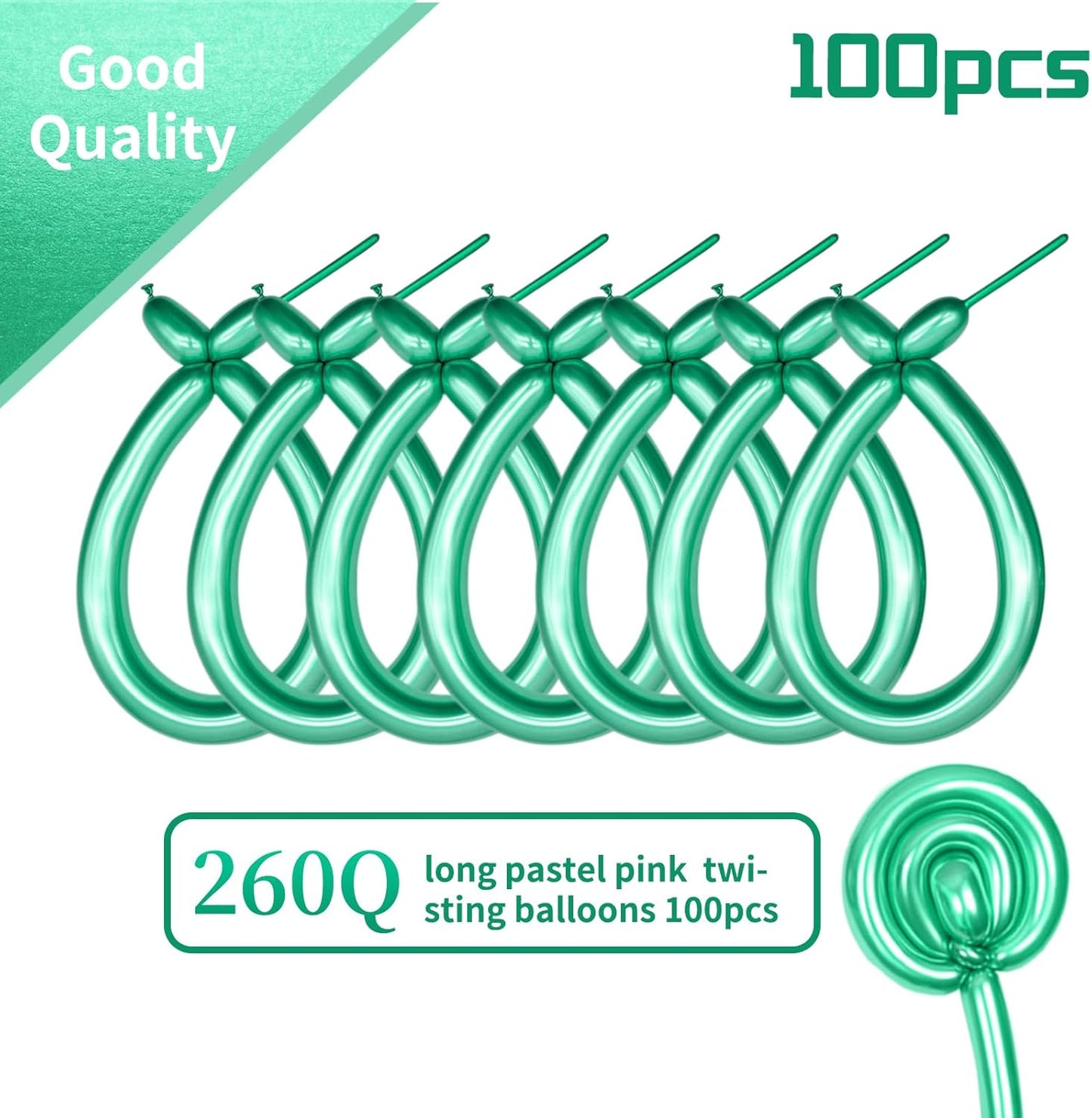 KAWKALSH 260 Metallic Green Long Balloons for Balloon Garland Thickening Skinny Latex Twisting Animals Modeling Christmas Birthday Wedding Party Festival Decorations 100pcs