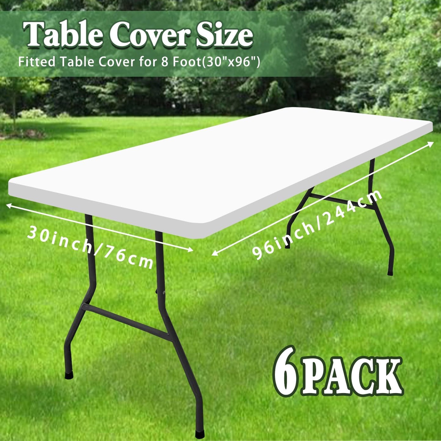 6 Pack Picnic Table Cover Fitted Tablecloths 8 Foot Rectangle Tables Elastic Waterproof Stretch Washable Patio Folding Outdoor Spandex Table Cloth for Camping Banquet and Parties (White,30" x 96")