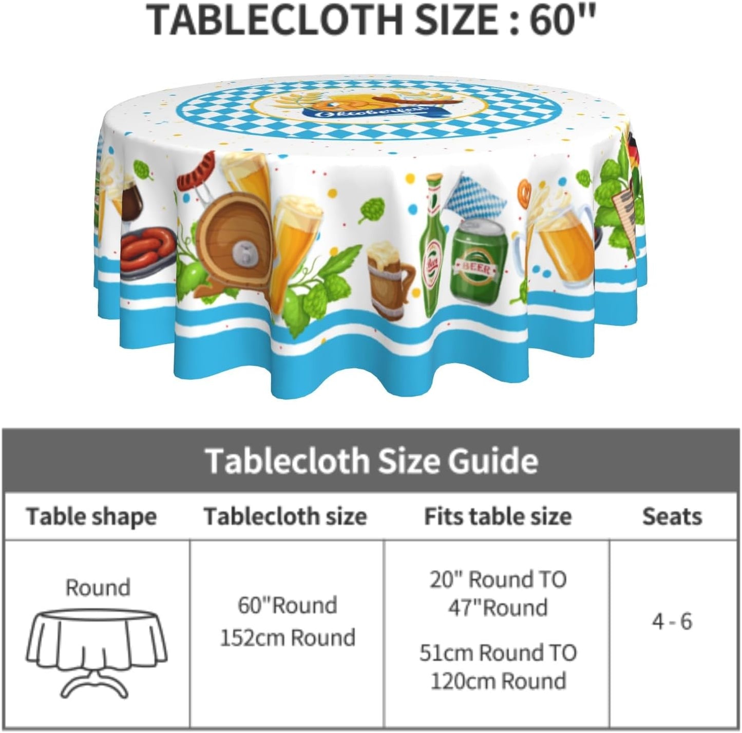 Giwawa Oktoberfest Tablecloth Round 60Inch Bavarian Beer Sausage Pretzel Table Cover Heat Resistant Polyester Fabric Blue White Checkered Table Cloth for Kitchen Dining Party Holiday Decor