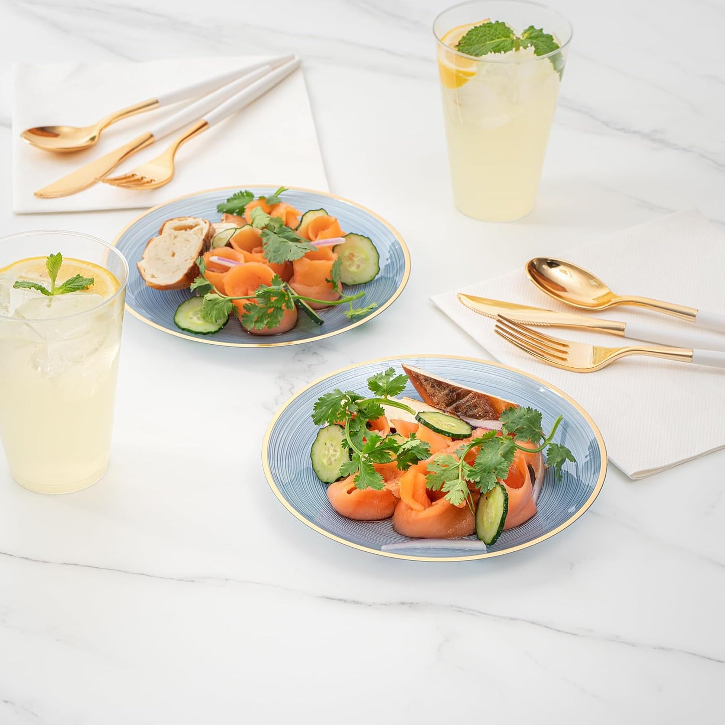 Restaurantware Plastic Plates 20 Pcs 7.25" Gold Rimmed Disposable Plates Heavy-Duty Blue Translucent Rippled Plastic Dinner Servers for Party, Weddings, Salads, Desserts, and Appetizers