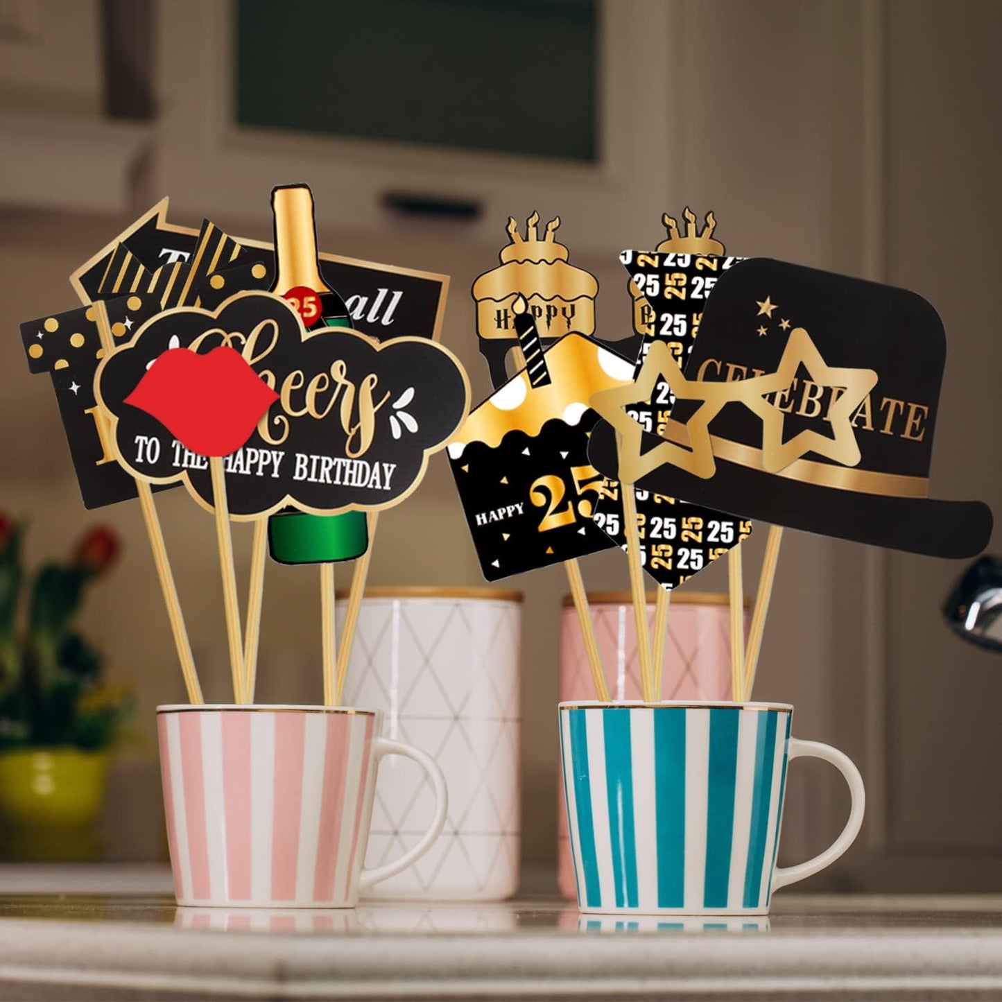 LINGTEER Happy 25th Birthday Party Photo Booth Props,Cheers to 25th Birthday 25th Years Old Bday Party Centerpieces Props Decorations Sign.